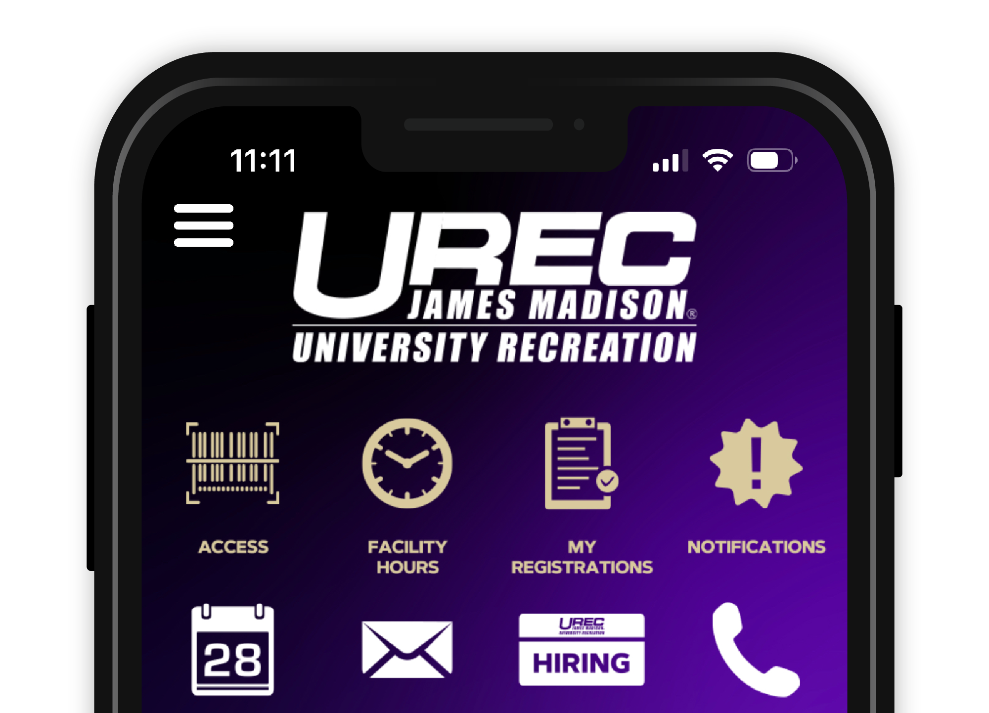 1- Open the JMU UREC App 2 - Click 'Menu' 3 - Click 'Notifications'  4 - Pick which notifications channel you would like to subscribe to